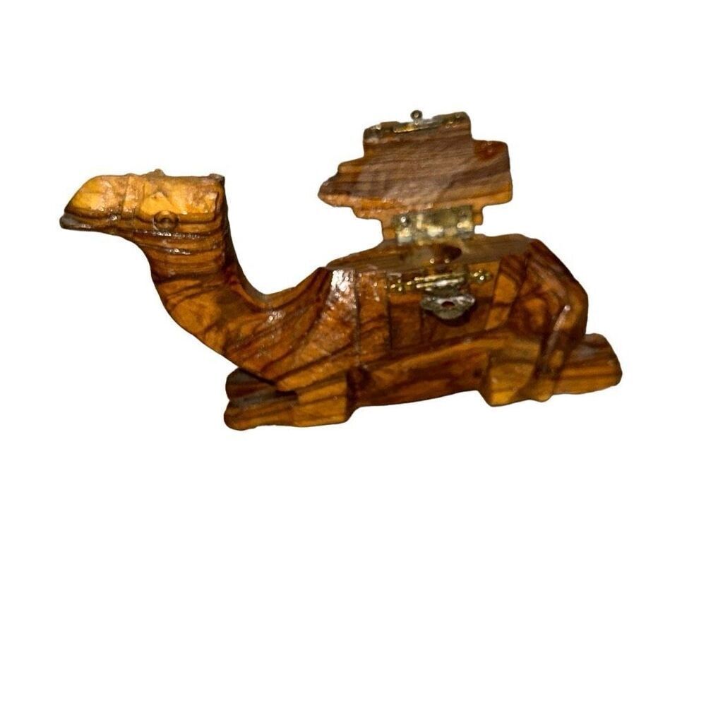 Camel Figurine From Egypt hand carved olive wood trinket box vintage wooden